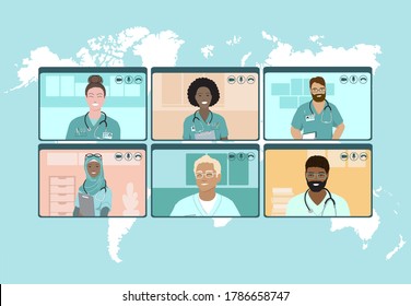 Screens with international group of medical experts, doctors from different countries, healthcare professionals teleconference at world map. Global news about coronavirus pandemic situation. Vector