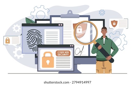 Screens with locks and fingerprint in flat style on background showing cyber concept Vector illustration