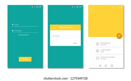 Screens for mobile app templates concept. Green and yellow range. Vector illustration flat design