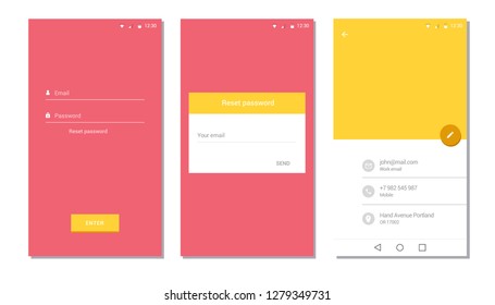 Screens for mobile app templates concept. Pink and yellow range. Vector illustration flat design