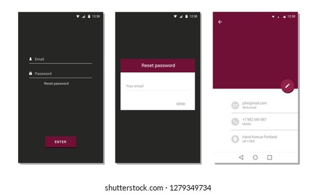 Screens for mobile app templates concept. Black and purple range. Vector illustration flat design