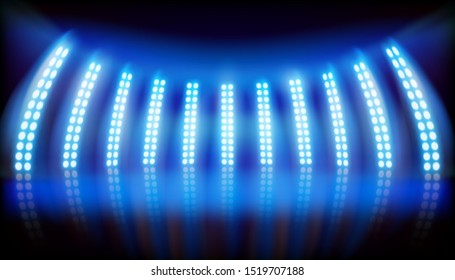 Screens on stage during the show. Lights on blue background. Vector illustration.