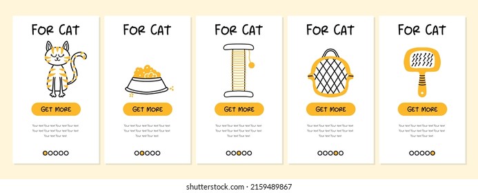 Screens of the pet store and mobile application. Menu banner vector template for website and app development. Pet shop templates for the store. Templates for cats.