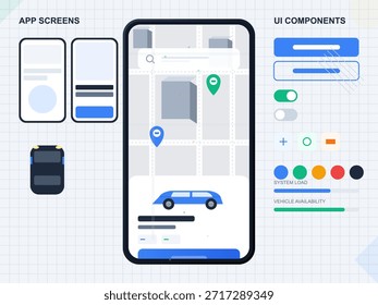 As telas mostram uma interface de aplicativo móvel focada em recursos de rastreamento de veículos e controles de carga do sistema. Os componentes do aplicativo incluem botões, mapas e ícones de veículo.