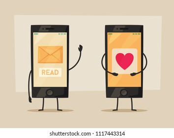 Screens of smartphone. Display with message and heart. Vector cartoon illustration