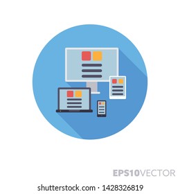 Screens of various devices displaying flexible layout flat design round icon. Symbol of responsive design and user interface. Long shadow vector illustration in a circle isolated on white background.
