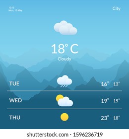 Screens with the weather forecast. Meteorology. Design for mobile applications and web sites. Mountain landscape on the background. Vector illustration in flat style.