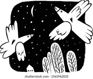 Screensaver: black and white graphics. Two birds in love