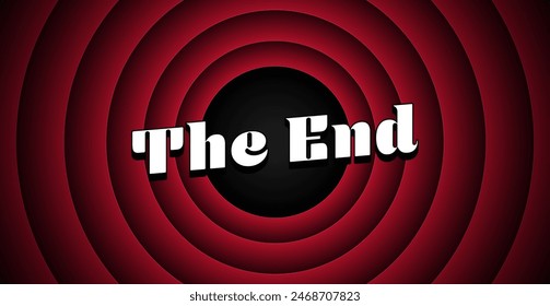 Screensaver The End on red round background in retro style. Old Movie ending screen. Vector illustration.