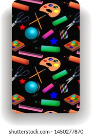 Screensaver on the phone with school supplies back to school. Black background and scissors, globe, paint and tassels, textbooks, as well as stars. Vector illustration.
