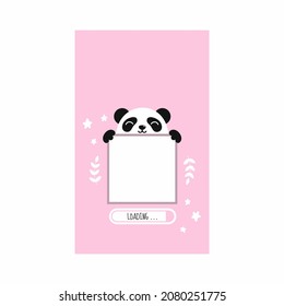 Screensaver on smartphone screen with cute panda. Pink postcard for girl. Place for text or QR code.