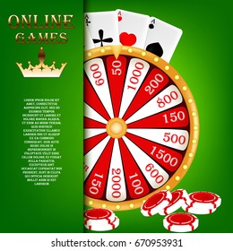Screensaver for online gambling. Wheel of fortune, casino chips, and cards for the game. Vector illustration.