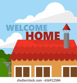 Screensaver "welcome home" on the roof of a cozy house with red tiles. Vector illustration  for web bannner or card for real estate
