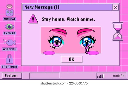 Screenshot concept with open tabs and a video player that shows anime. Vector illustration in collage vaporwave style.