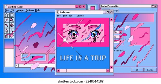 Screenshot concept with open tabs and a video player that shows anime. Vector illustration in collage vaporwave style.