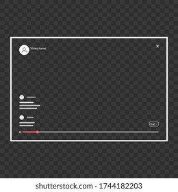 Captura de pantalla de una pantalla de reproducción de video en redes sociales, con chat, botones, sobre fondo blanco. Para su sitio web, aplicación, interfaz de usuario. Ilustración vectorial.