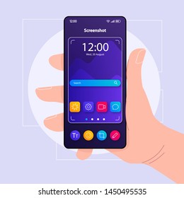 Screenshots making smartphone interface vector template. Mobile app page color design layout. Photo camera focus finder screen. Flat UI for application. Hand holding phone with photo tool on display