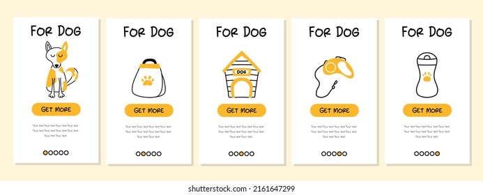 Screenshots of the pet store and mobile application. Menu banner vector template for website and app development. Pet shop templates for store. Templates for dogs.