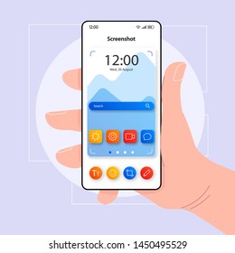 Screenshots taking smartphone interface vector template. Mobile app page color design layout. Camera focus screen. Flat UI for application. Hand holding phone with making screen photo tool on display