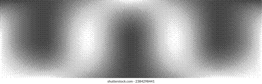 Screentone black waves on a white background with dot texture and dithering. Monochrome halftone vector background in the form of a sine wave with a pattern of circles.