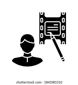 Screenwriter black glyph icon. Screenplay author. Film production specialist. Movie producer. Write script for cinematography. Silhouette symbol on white space. Vector isolated illustration