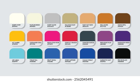 Screenwriter Color Guide Palette with Color Names. Catalog Sample Screenwriters with RGB HEX codes and Names. Colors Palette, Media Screenwriter Color Palette, Fashion Trend Screenwriter Color Palette