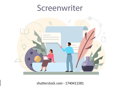 Screenwriter concept. Person create a screenplay for movie. Author writing new scenario for cinematography. Hollywood industry. Isolated vector illustration