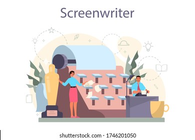 Screenwriter concept. Person create a screenplay for movie. Author writing new scenario for cinematography. Hollywood industry. Isolated vector illustration