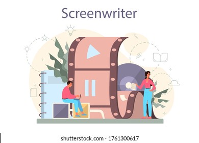 Screenwriter concept. Person create a screenplay for movie. Author writing new scenario for cinematography. Hollywood industry. Isolated vector illustration