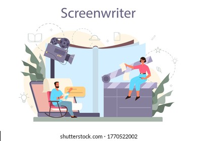 Screenwriter concept. Person create a screenplay for movie. Author writing new scenario for cinematography. Hollywood industry. Isolated vector illustration