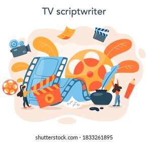 Screenwriter concept. Person create a screenplay for movie. Author writing new scenario for cinematography. Hollywood industry. Isolated vector illustration