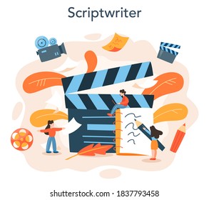 Screenwriter concept. Person create a screenplay for movie. Author writing new scenario for cinematography. Hollywood industry. Isolated vector illustration