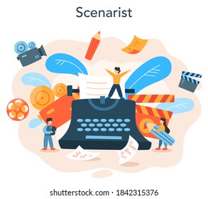 Screenwriter concept. Person create a screenplay for movie. Author writing new scenario for cinematography. Hollywood industry. Isolated vector illustration