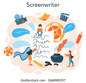 Screenwriter concept. Person create a screenplay for movie. Author writing new scenario for cinematography. Hollywood industry. Isolated vector illustration