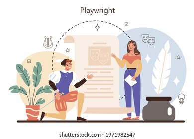 Screenwriter concept. Playwright create a screenplay for movie. Author writing new scenario for cinematography. Hollywood industry. Isolated vector illustration