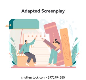 Screenwriter concept. Playwright create a screenplay for movie. Author writing new scenario for cinematography. Hollywood industry. Isolated vector illustration