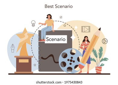 Screenwriter concept. Playwright create a screenplay for movie. Author writing new scenario for cinematography. Hollywood industry. Isolated vector illustration