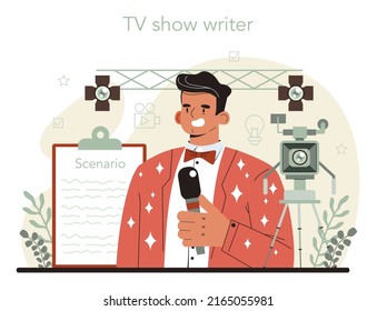 Screenwriter concept. Playwright create a screenplay for a tv show. Author writing new scenario for cinematography. Hollywood industry. Isolated vector illustration