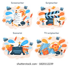 Screenwriter concept set. Person create a screenplay for movie. Author writing new scenario for cinematography. Hollywood industry. Isolated vector illustration