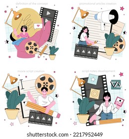 Screenwriter concept set. Playwright create a screenplay for a movie, theater or tv show. Author writing new scenario for cinematography. Hollywood industry. Flat vector illustration