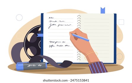 Screenwriter with diary concept. Woman writing script for film. Creative person with series or movie production. Cinema industry. Cartoon flat vector illustration isolated on white background