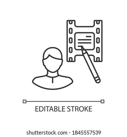 Screenwriter linear icon. Screenplay author. Film production specialist. Movie producer. Thin line customizable illustration. Contour symbol. Vector isolated outline drawing. Editable stroke