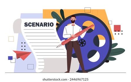 Screenwriter man concept. Young guy with pencil near scenario. Creativity and art. Film industry, director create movies or series. Cartoon flat vector illustration isolated on white background