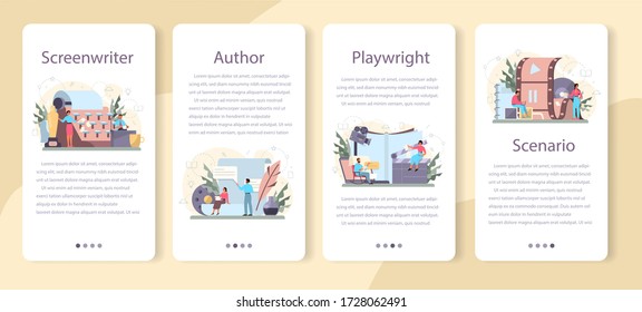 Screenwriter mobile application banner set. Person create a screenplay for movie. Author writing new scenario for cinematography. Hollywood industry. Isolated vector illustration