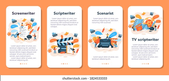 Screenwriter mobile application banner set. Person create a screenplay for movie. Author writing new scenario for cinematography. Hollywood industry. Isolated vector illustration