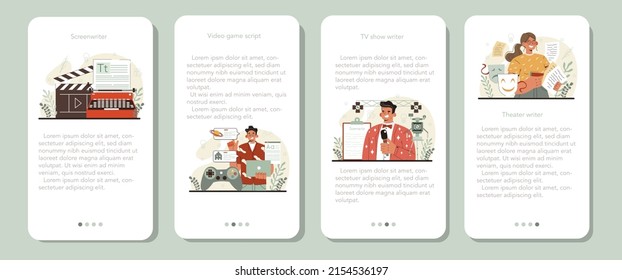 Screenwriter mobile application banner set. Playwright create a screenplay for a movie, theater, game or tv show. Author writing new scenario for cinematography. Flat vector illustration