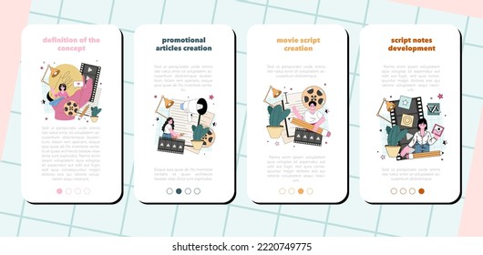 Screenwriter mobile application banner set. Playwright create a screenplay for a movie, theater or tv show. Author writing new scenario for cinematography. Flat vector illustration