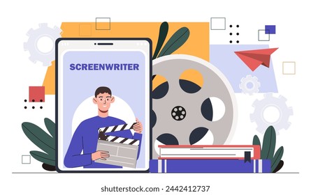 Screenwriter online concept. Man with clapperboard in hands at smartphone screen. Film industry, movies and series production. Cartoon flat vector illustration isolated on white background