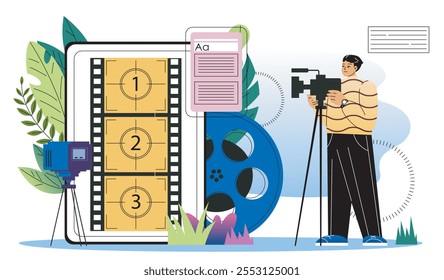 Concepto de guionista en línea. Video Hombre con cámara cerca del carrete de la película. Industria cinematográfica y cinematográfica. Creador de contenido talentoso. Ilustración vectorial plana aislada sobre fondo blanco