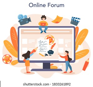 Screenwriter online service or platform. Person create a screenplay for movie. Author writing new scenario for cinematography. Online forum. Isolated vector illustration